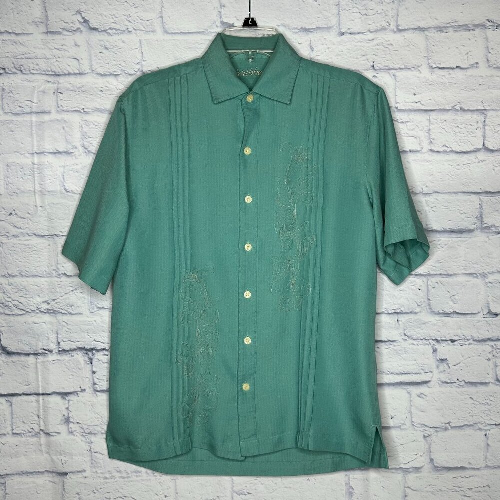 Caribbean Button Up Short Sleeve Shirt Aqua Green Embroidered Floral Mens Small
